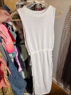White Sleeveless Knit Midi Dress with Side Ties